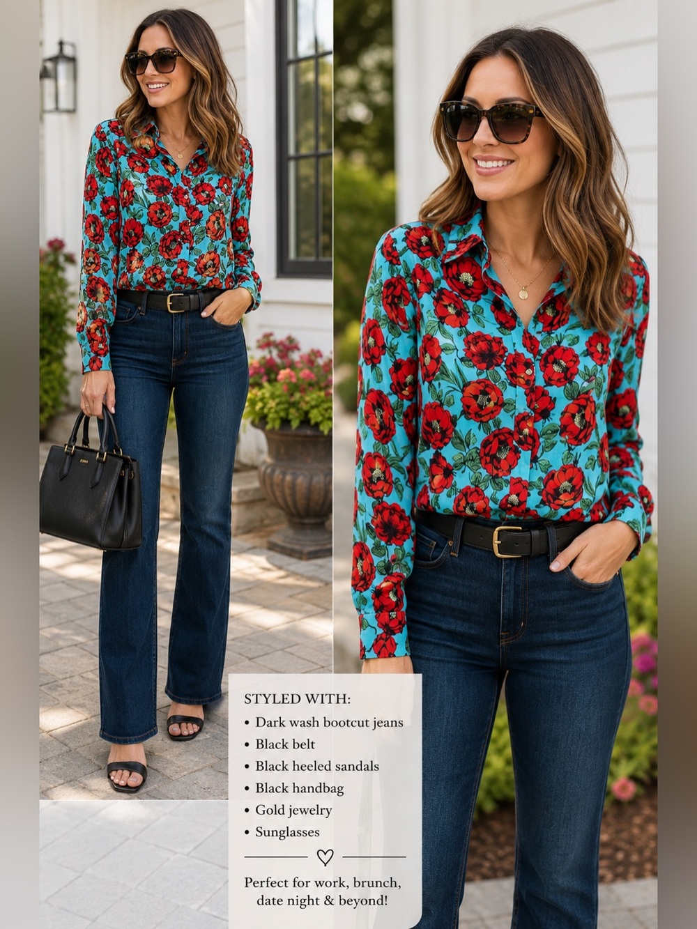 Alice + Olivia 100% Silk Red Poppy Floral Button Front Blouse Aqua Blue Medium - Picture 4 of 12
